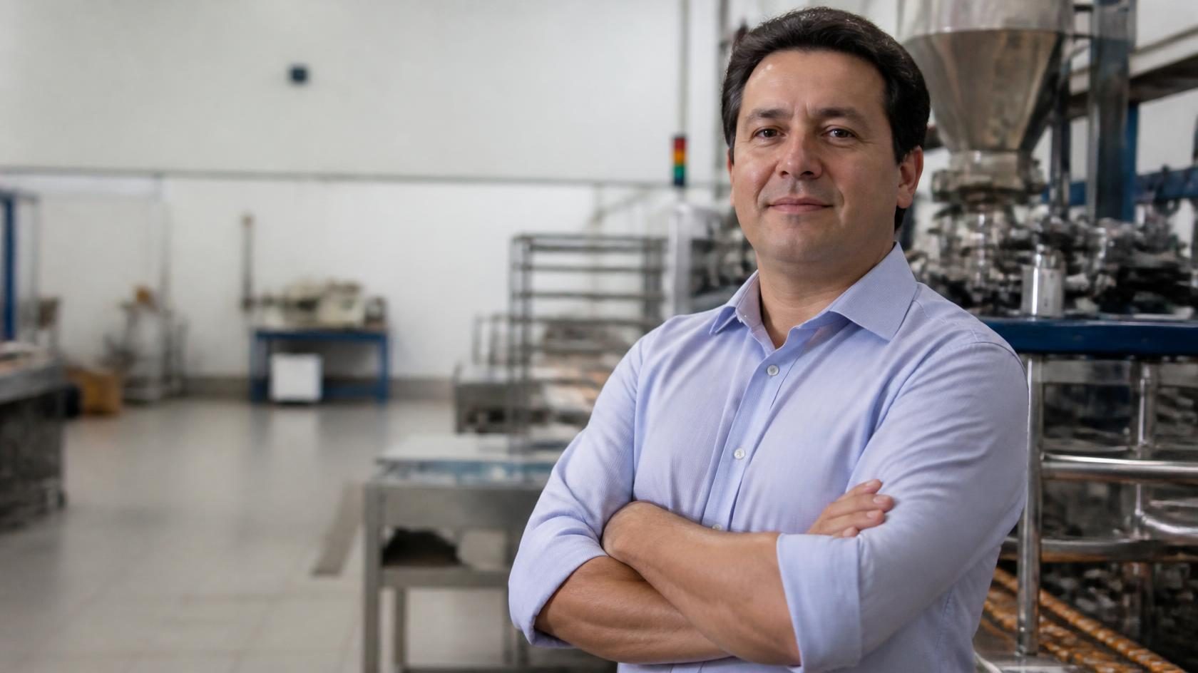 Empresário de braços cruzados no chão da sua fábrica